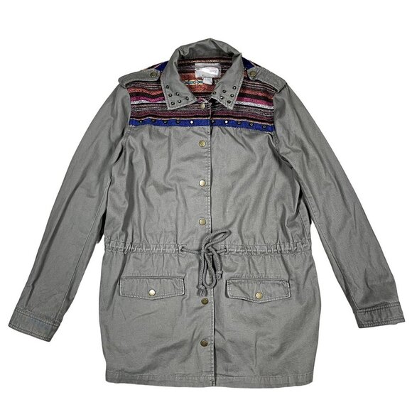 Love 21 Brown Canvas Light Weight Jacket Shacket Colorful Stitching Size Medium - Picture 1 of 5